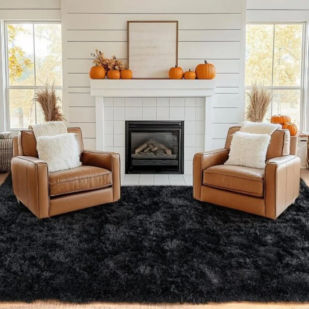8x10 Black Plush Rug, Fluffy Soft Shaggy Non-Slip Carpet for Home & Room Decor